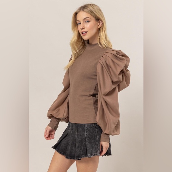 249B. Mock Neck Puff Sleeve Blouse - Mocha - Picture 4 of 5